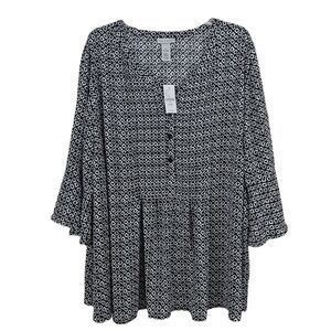 Catherines Blouse Pintuck 3/4 Bell Sleeve Black White Geometric Pullover 3x